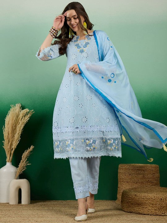 Embroidered Cotton Straight Kurta With Trouser & Dupatta Set