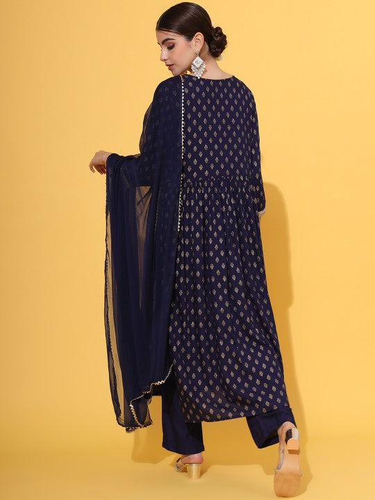 Round Neck Ethnic Motifs Printed Panelled Thread Work Kurta Set