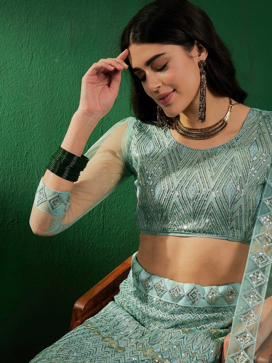 Embroidered Sequined Net Semi-Stitched Lehenga Choli With Dupatta