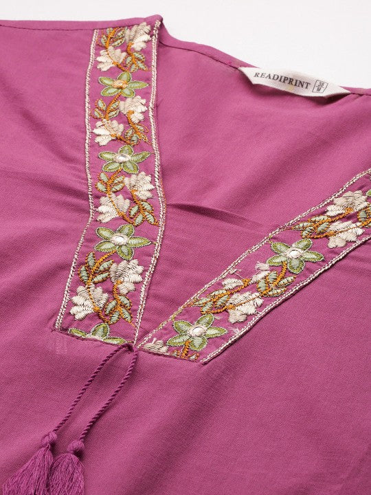 Floral Embroidered Pure Cotton Kurta with Trousers & Dupatta