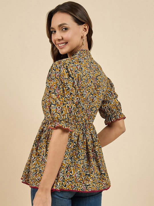Floral Printed Mandarin Collar Cotton Pleated A-Line Top