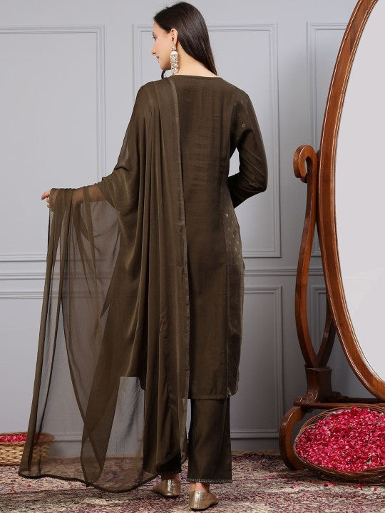 Floral Foil Printed V-Neck Straight Kurta with Palazzos & Dupatta