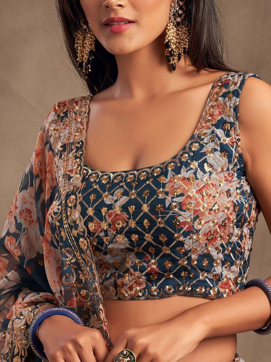 Blue & Peach-Coloured Embroidered Sequinned Shibori Semi-Stitched Lehenga & Unstitched Blouse With