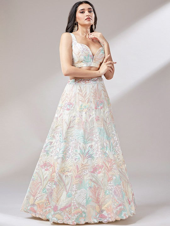 Embroidered Sequinned Semi-Stitched Lehenga & Unstitched Blouse With Dupatta