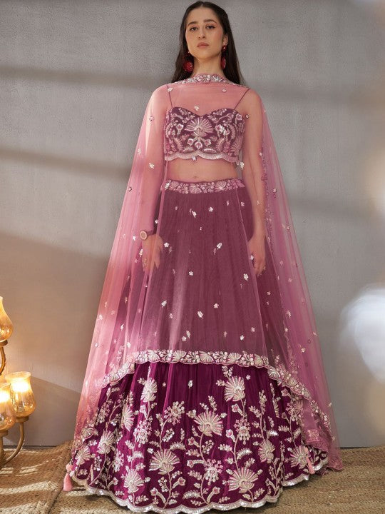 Embroidered Sequinned Semi-Stitched Lehenga & Unstitched Blouse With Dupatta