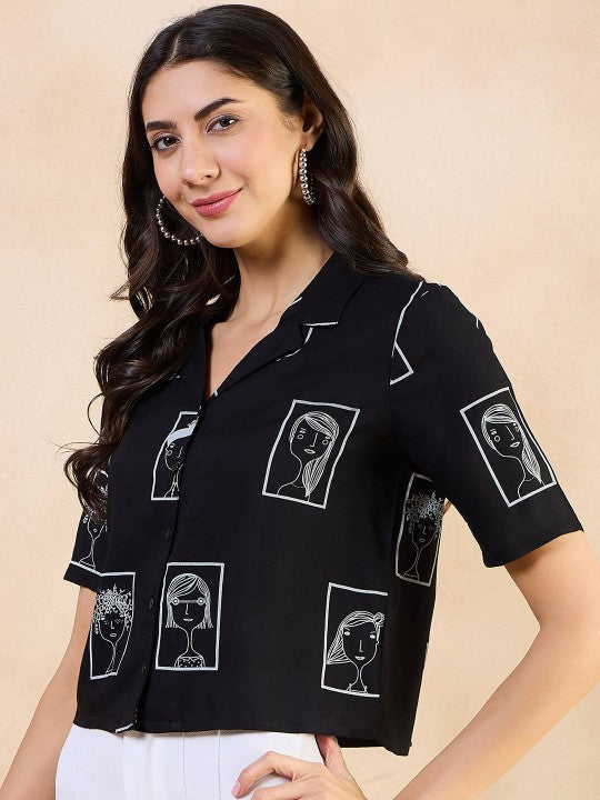 Print Boxy Printed Roll-Up Sleeves Shirt Style Top