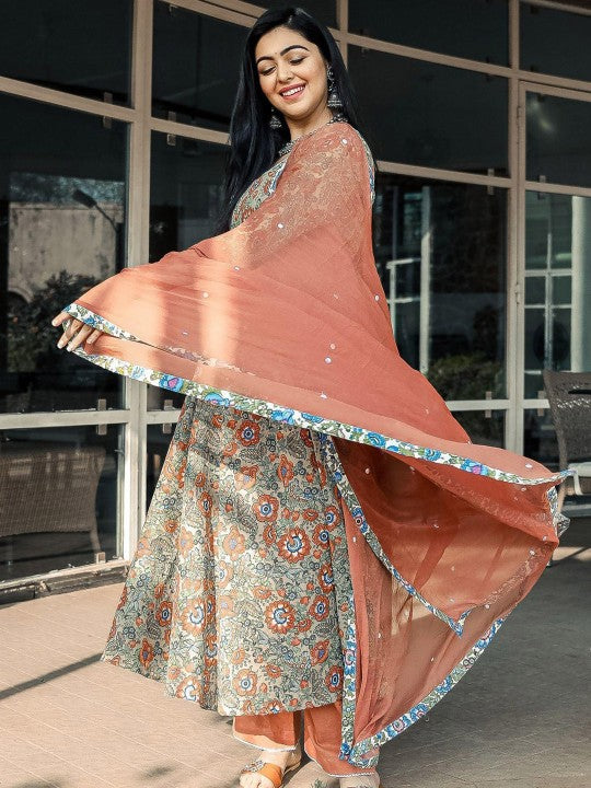Women Brown Floral Printed Kurta with Trousers & With Dupatta