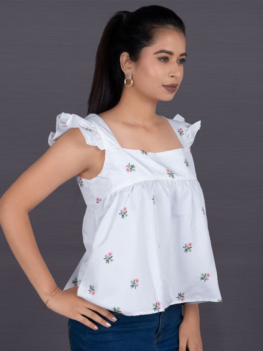 Women Floral Printed Square Neck Flutter Sleeve Ruffles Top