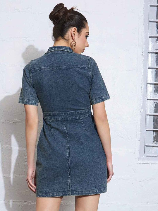 Shirt Collar Denim Mini Shirt Dress