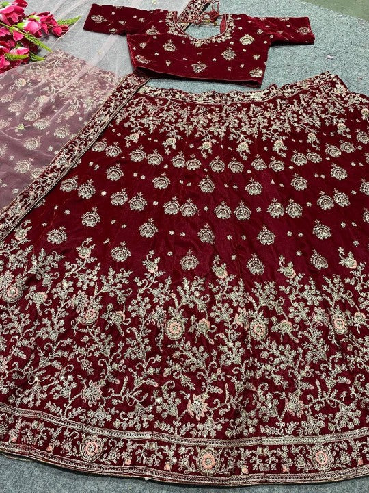 Embroidered Sequinned Semi-Stitched Lehenga & Unstitched Blouse With Dupatta