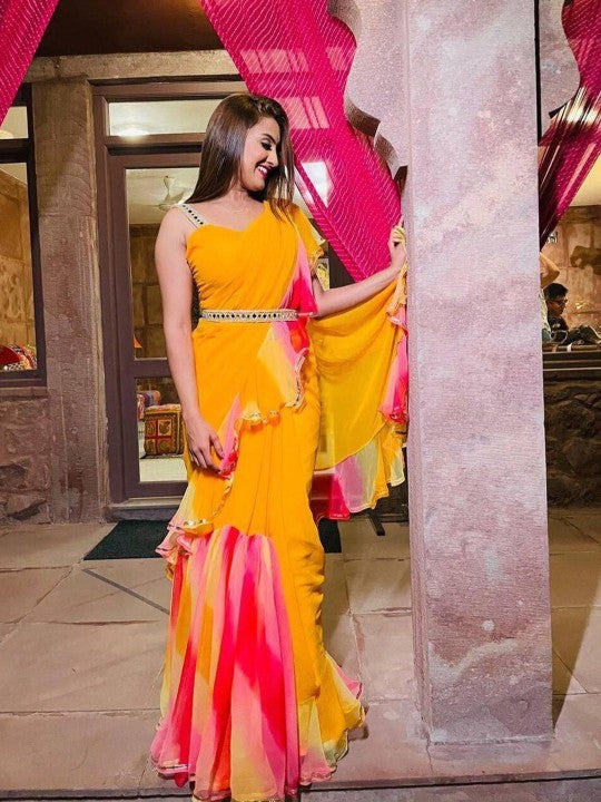Ruffle Detail Pure Georgette Saree