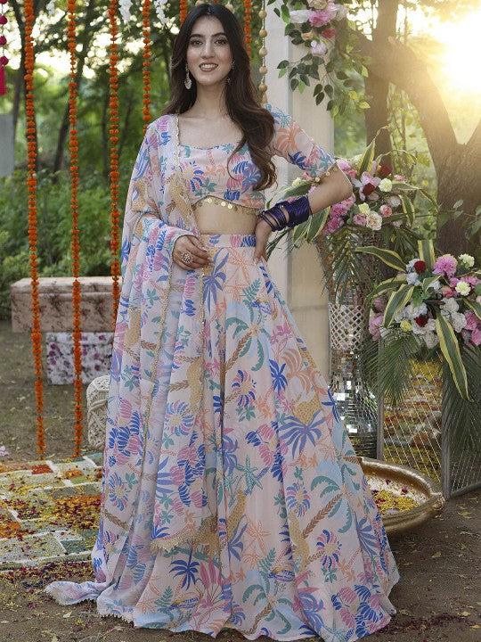 Floral Printed Semi-Stitched Lehenga & Unstitched Blouse With Dupatta