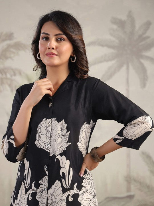 Women's Black Printed Russian Silk Top