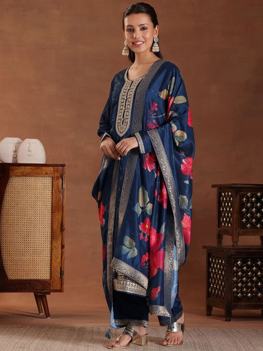 Floral Embroidered Sequinned Straight Kurta With Palazzos & Dupatta