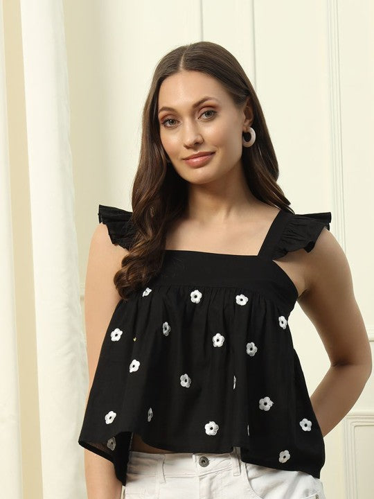Women Floral Printed Embroidered Square Neck Cotton Top