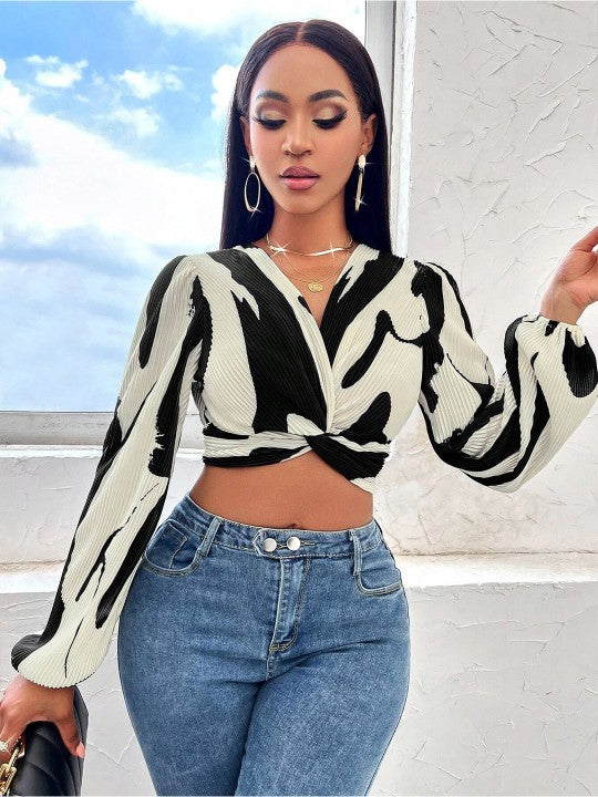 Printed Puff Sleeve Crop Top