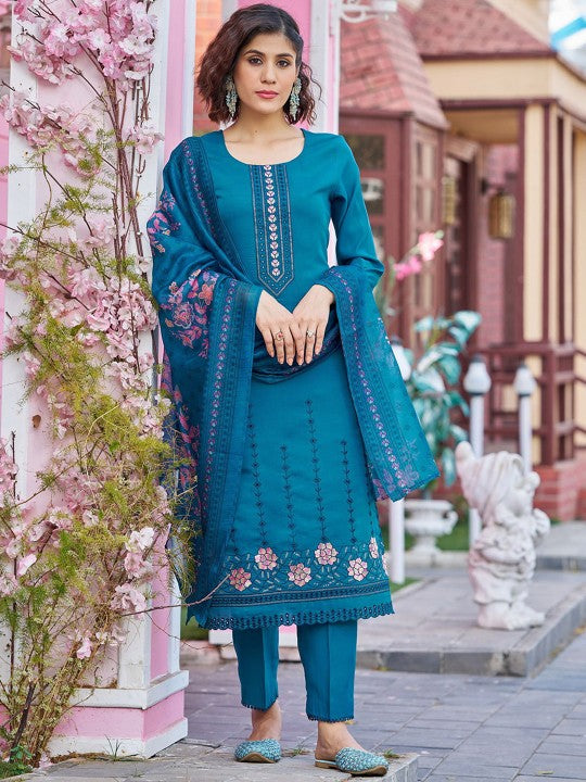 Blue Floral Embroidered Pure Silk Straight Kurta With Trousers & Dupatta