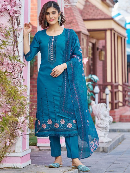 Blue Floral Embroidered Pure Silk Straight Kurta With Trousers & Dupatta