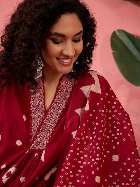 Geometric Printed V-Neck Pleated Pure Cotton A-Line Kurta With Trouser And Dupatta