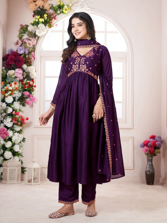 Floral Embroidered V-Neck Pleated Anarkali Kurta With Trousers & Dupatta