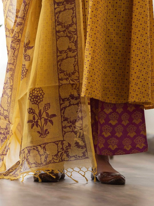 Floral block Printed Sequin Pure Cotton A-Line Kurta with Palazzos & Dupatta