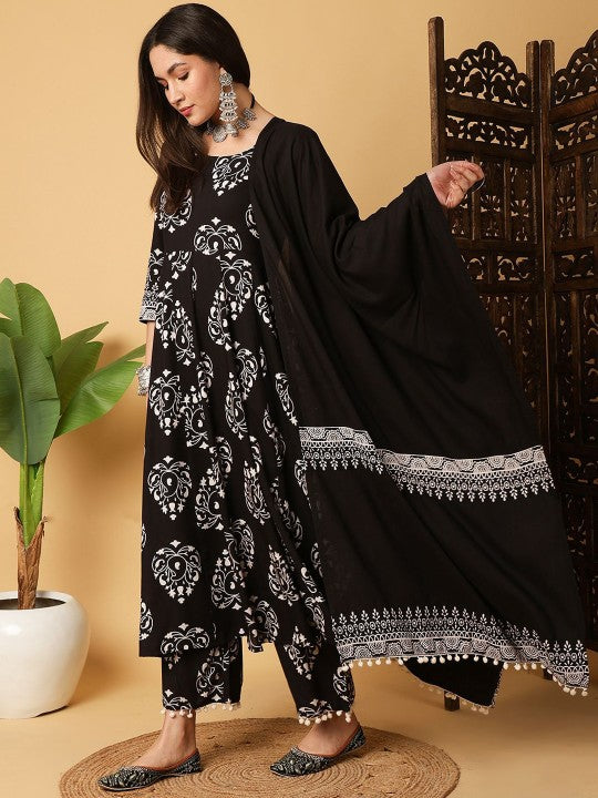 Floral Printed Anarkali Kurta With Palazzos And Dupatta