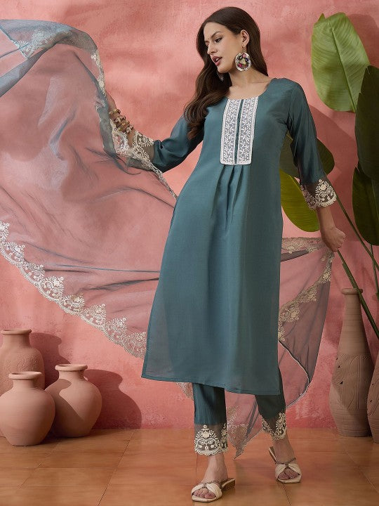 Teal Floral Yoke Design Patchwork Straight Kurta With Trousers And Dupatta