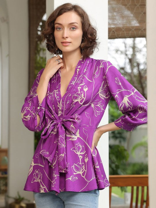Women Floral Printed V-Neck Pure Silk Top