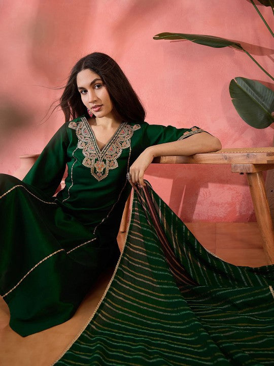Floral Yoke Design V-Neck Sequinned Straight Kurta With Trouser And Dupatta