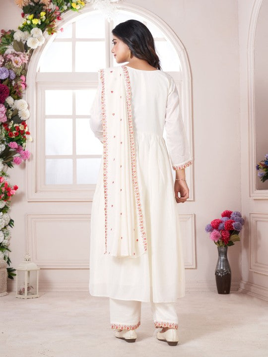 Floral Embroidered V-Neck Pleated Anarkali Kurta With Trousers & Dupatta
