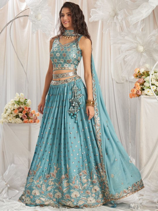Embroidered Sequinned Semi Stitched Lehenga & Unstitched Blouse With Dupatta