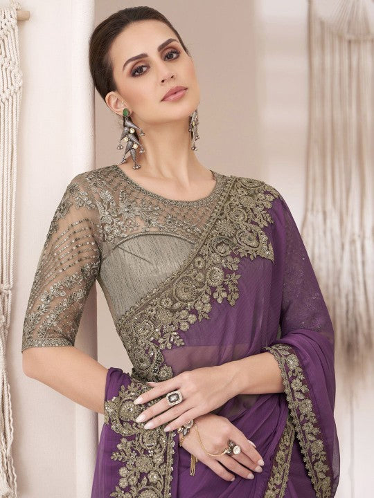 Striped Sequinned Pure Georgette Saree