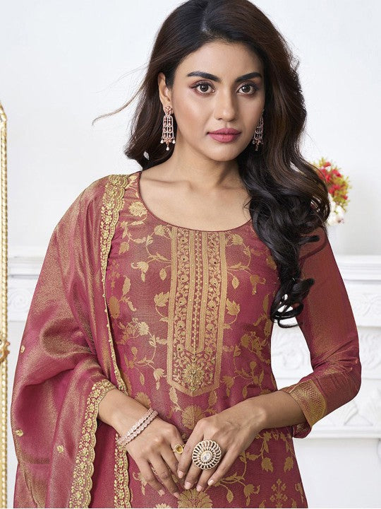 Ethnic Motifs Woven Design Sequinned Jacquard Straight Kurta With Trouser & Dupatta