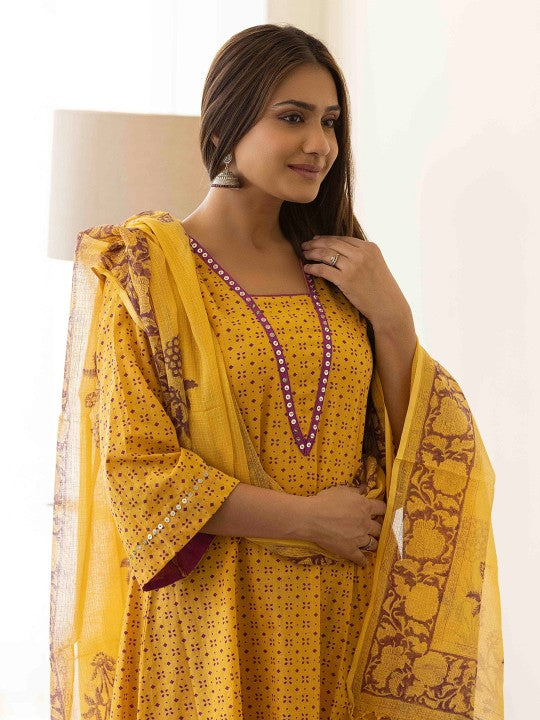 Floral block Printed Sequin Pure Cotton A-Line Kurta with Palazzos & Dupatta