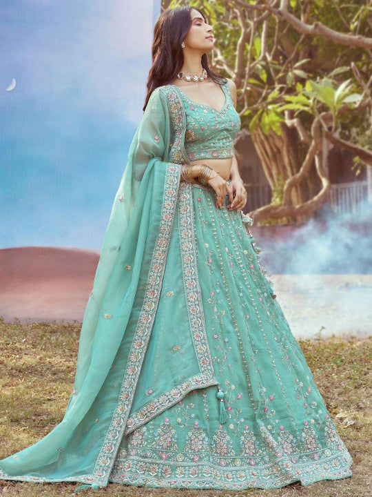 Embellished Tissue Semi-Stitched Lehenga & Unstitched Blouse With Dupatta