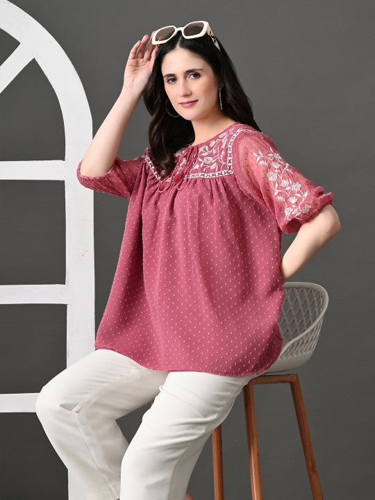 Embroidered Keyhole Neck Accordion Pleated Sleeves Georgette Top