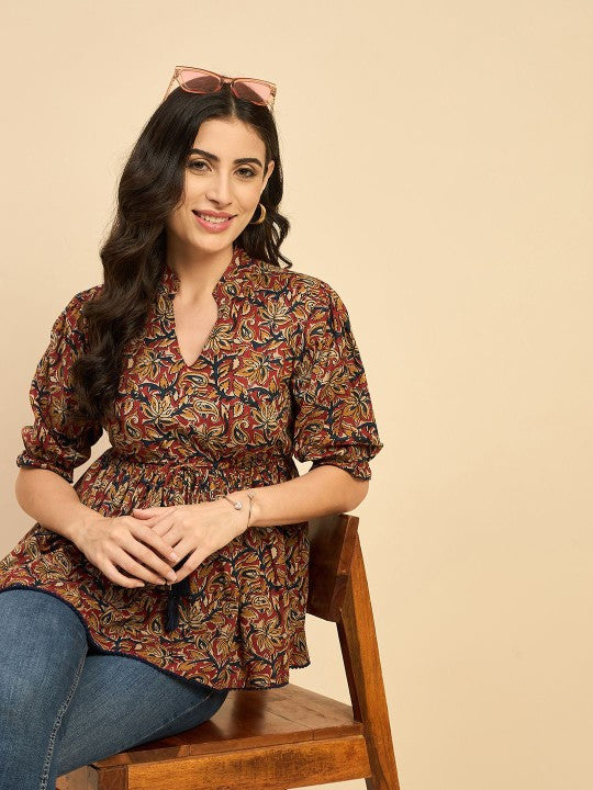 Women Ethnic Printed Mandarin Collar Cotton Top