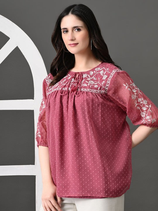 Embroidered Keyhole Neck Accordion Pleated Sleeves Georgette Top