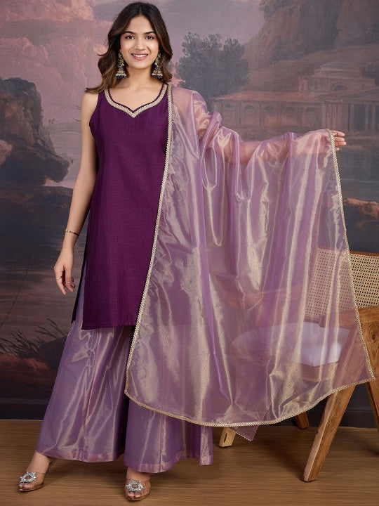 Gotta Patti Sweetheart Neck Sleeveless Kurta And Palazzo With Dupatta