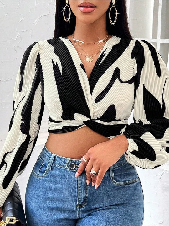 Printed Puff Sleeve Crop Top
