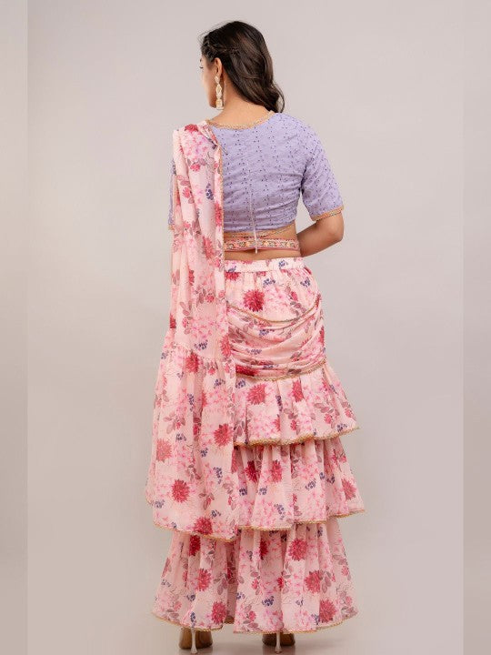 Floral Schiffli Pure Georgette Ready to Wear Block Print Saree