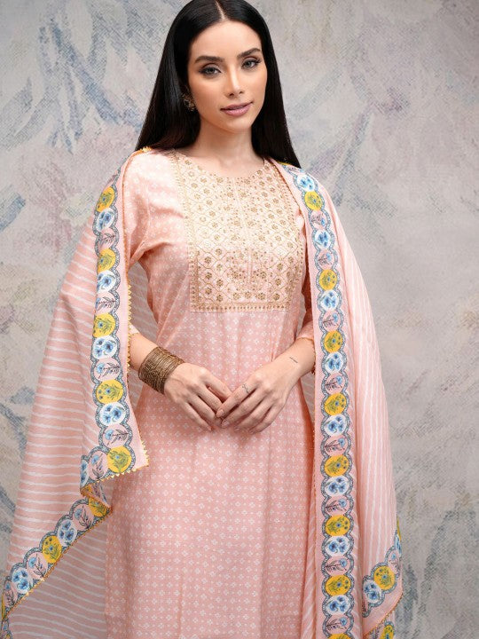 Women Embroidered Regular Sequinned Kurta with Trousers & With Dupatta