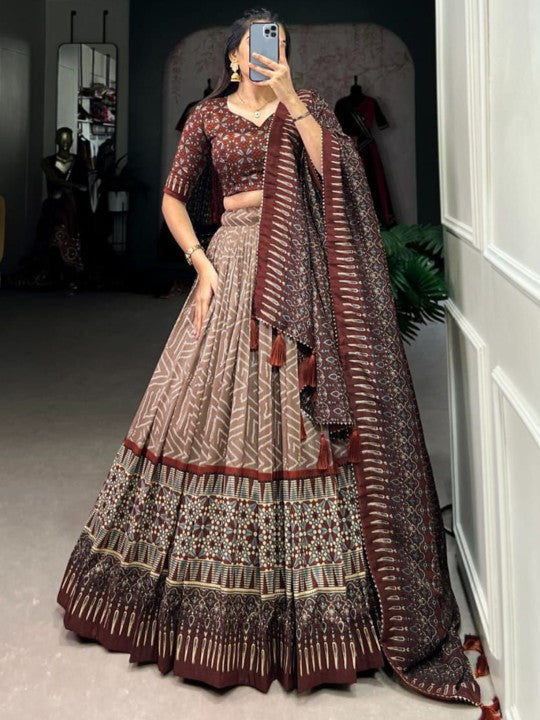 Geomteric Printed Silk Ready to Wear Lehenga & Semi-Stitched Blouse & Dupatta