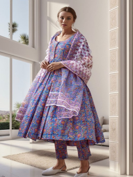 Floral Printed Anarkali Kurta With Trouser And Dupatta