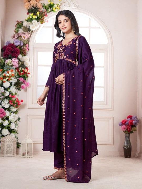 Floral Embroidered V-Neck Pleated Anarkali Kurta With Trousers & Dupatta