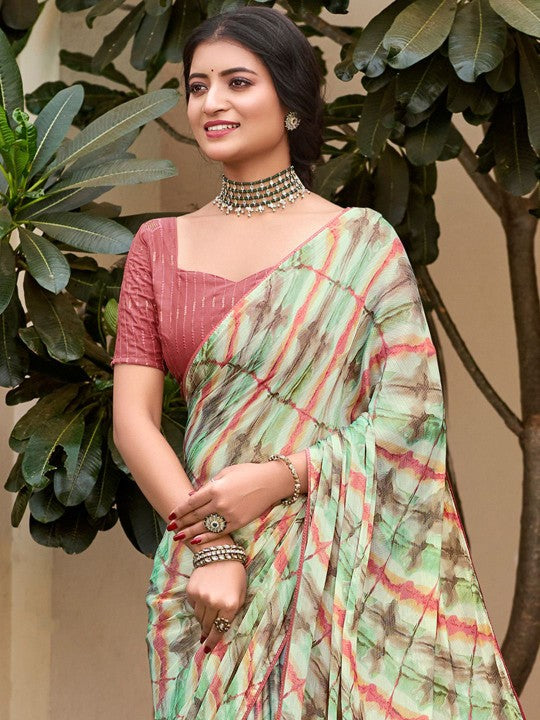 Beads and Stones Poly Chiffon Bagru Sarees