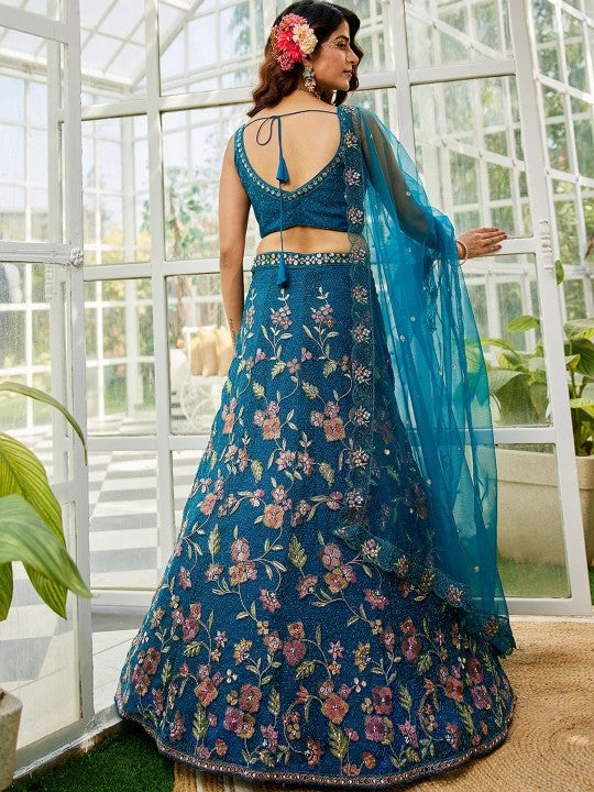 Floral Embroidered Sequinned Semi-Stitched Lehenga & Unstitched Blouse Set
