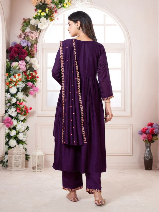 Floral Embroidered V-Neck Pleated Anarkali Kurta With Trousers & Dupatta