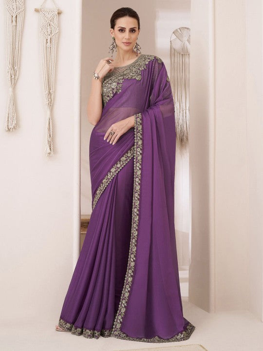 Striped Sequinned Pure Georgette Saree