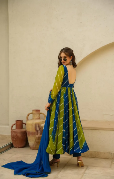 Elegant Blue & Green Tie-Dye Anarkali Suit with Dupatta